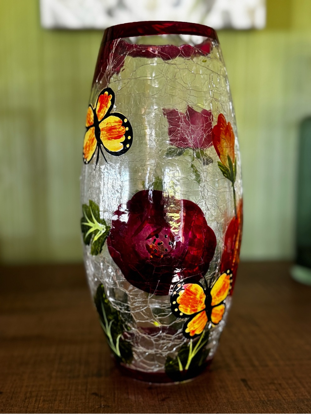 Hand Painted Crackled Glass Vase Floral Butterfly Decor Cottagecore Centerpiece